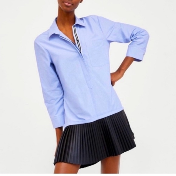 Zara • Contrasting Shirt Dress Stripes and Black Faux Leather Skirt - Picture 1 of 9